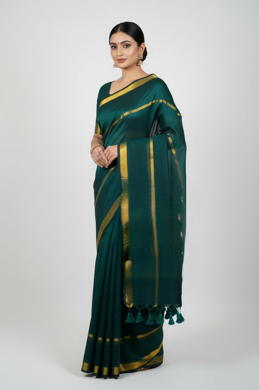 Emerald Green Double Zari Mul Cotton Saree - Model wearing elegant drape