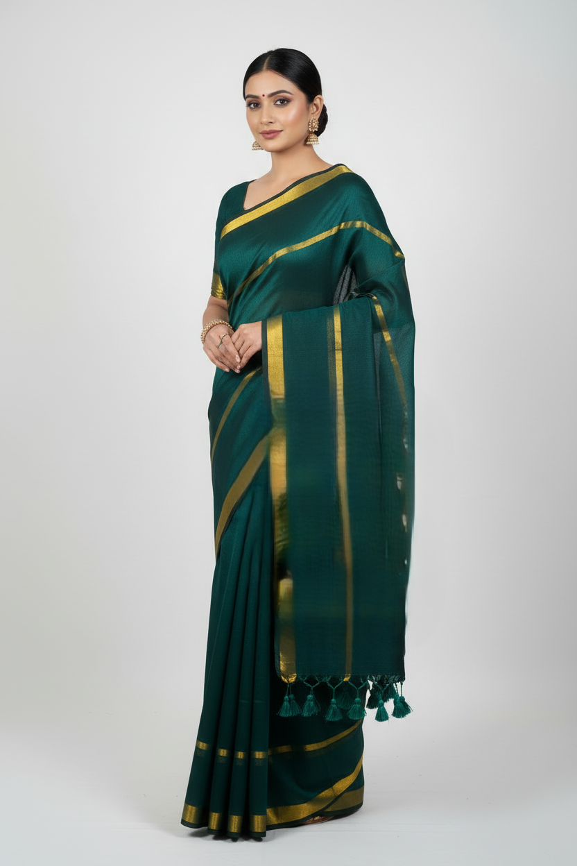 Indian model wearing emerald green mul cotton saree with double golden zari borders and hand-tied green tassels