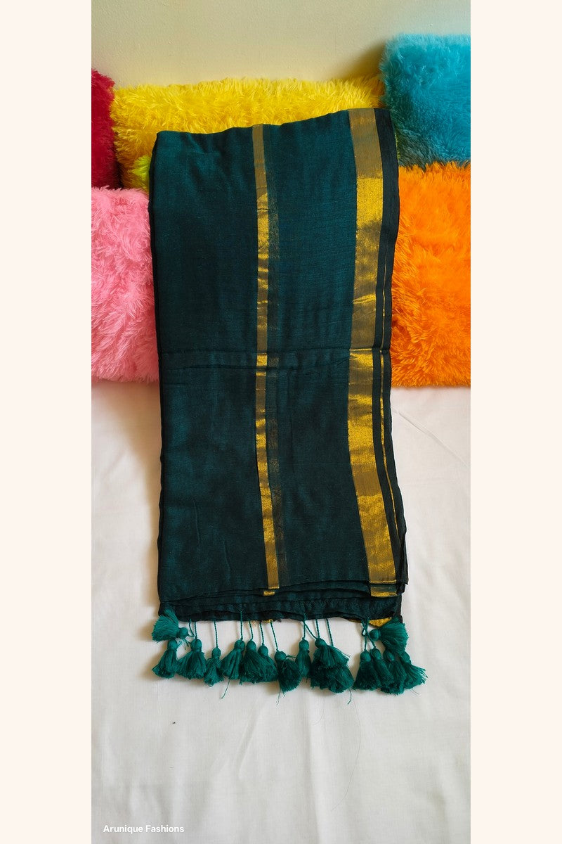 Emerald Green Double Zari Mul Cotton Saree - Saree view with tassels