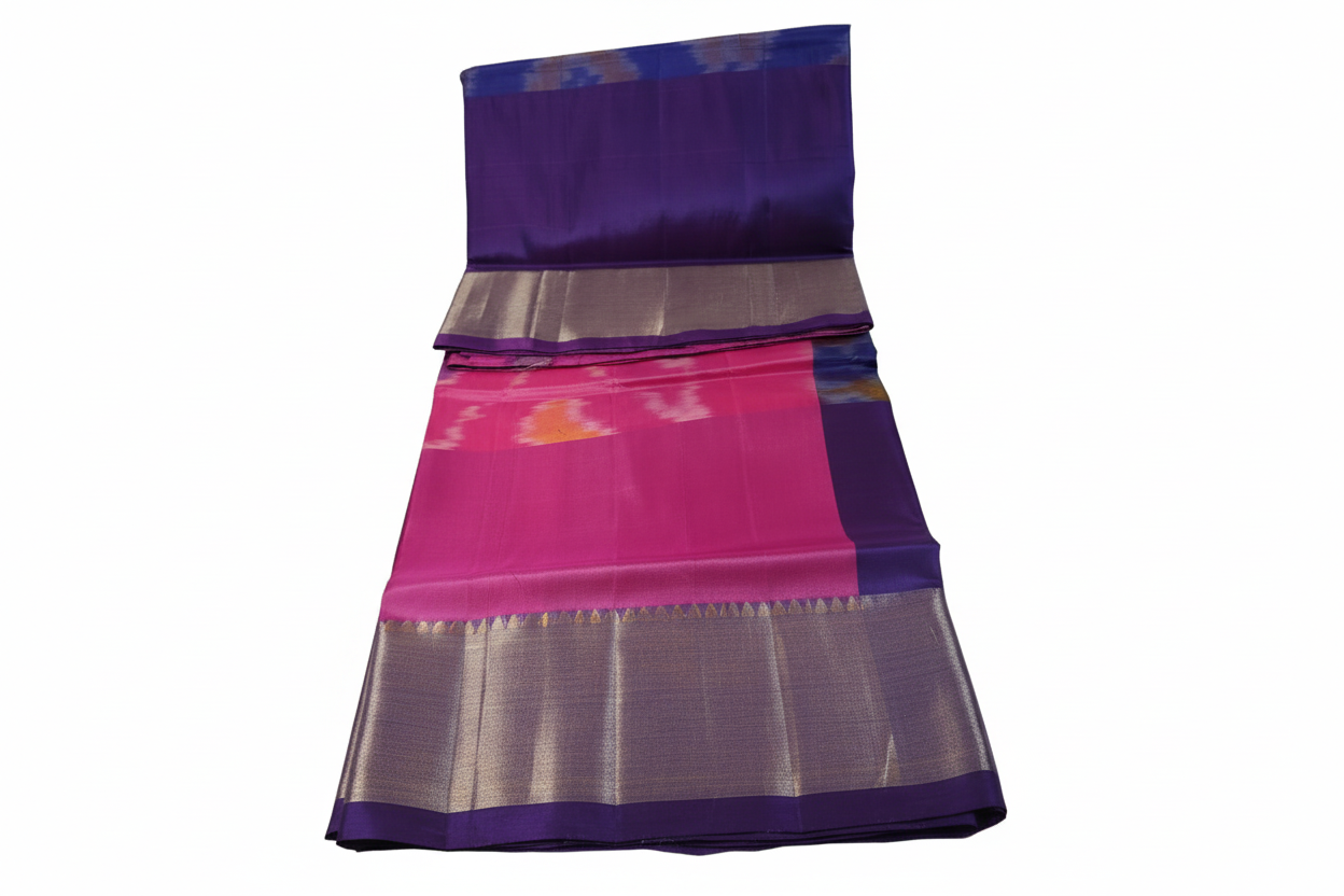 Blue Pink Semi-Silk Ikat Saree with Blouse - Pallu Detail