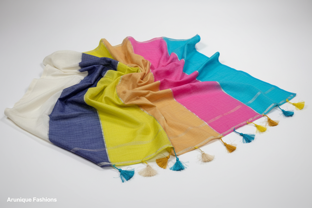 Enhanced product display of multicolor silver zari saree with sky blue, cream, and yellow tassels