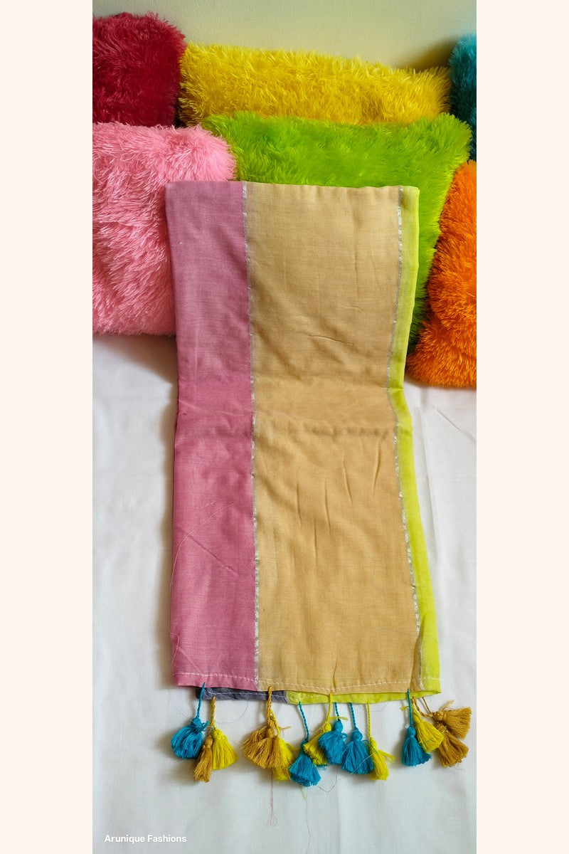 Multicolor Mul Cotton Saree with Thin Silver Zari - Folded Display