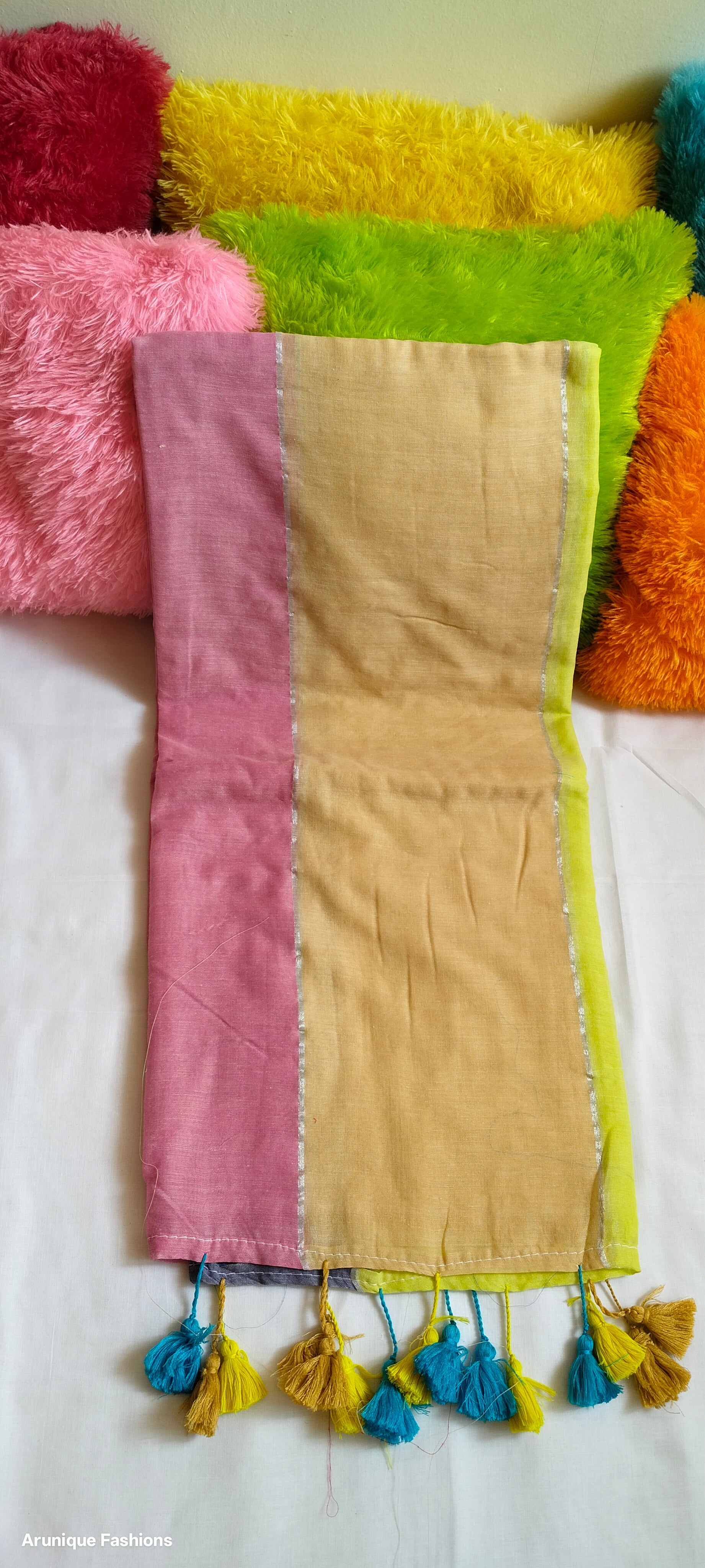 Multicolor Mul Cotton Saree with Thin Silver Zari - Folded Display
