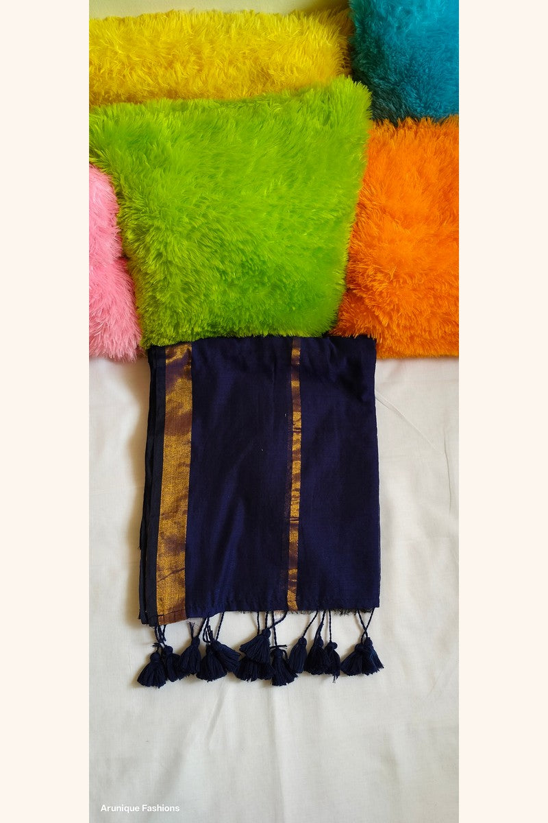 Navy blue double zari mul cotton saree - draped view showing dual golden borders and blue tassels