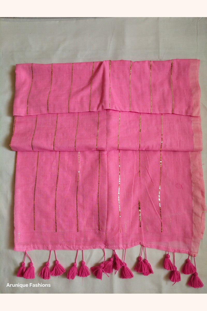 Trendy pink sequin mul cotton saree - folded view showing fabric drape and texture