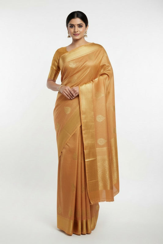 Golden Mustard Semi-Silk Saree - Model Wearing Full Drape