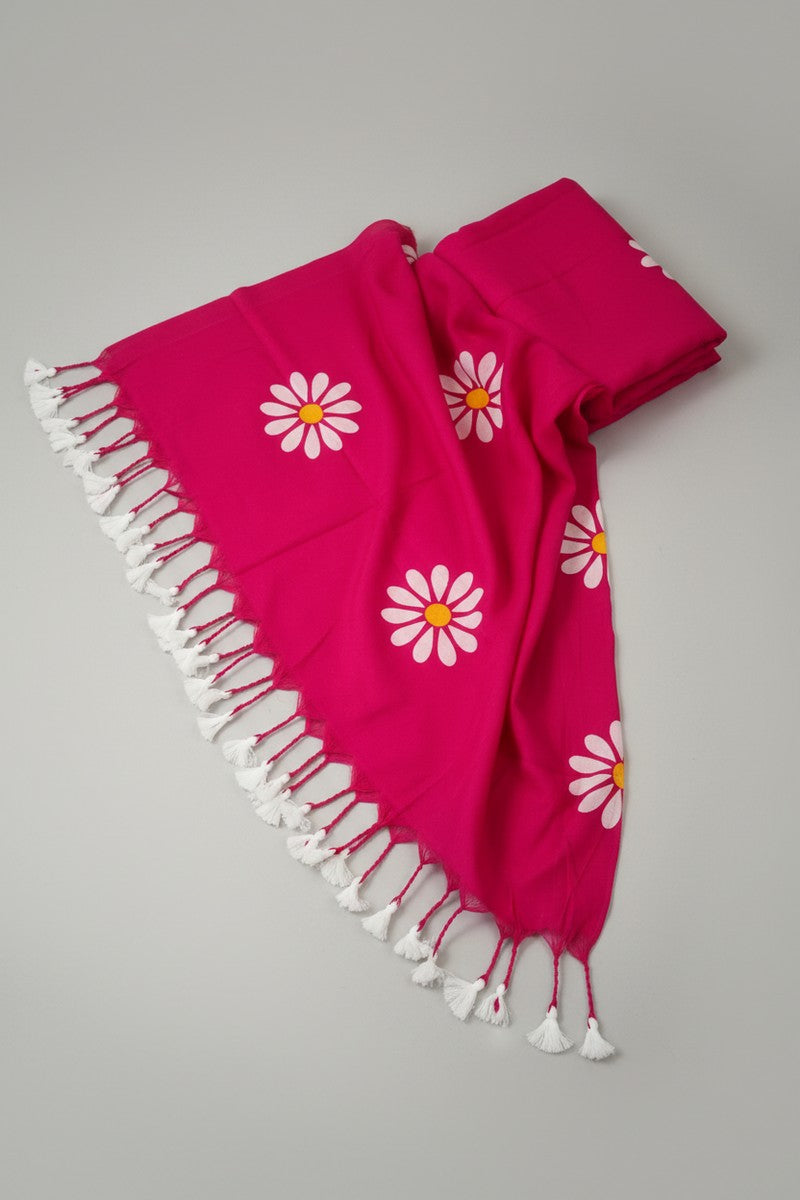 Full view of pink sunflower khadi saree with white tassels
