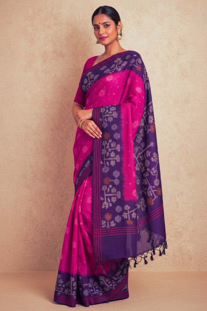 Indian woman draped in hot pink Pure Tussar Silk Saree with deep purple ikat floral tree weave border and pallu