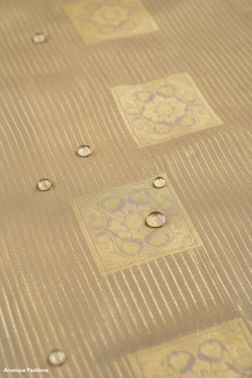 Champagne gold striped fabric with floral motifs detail