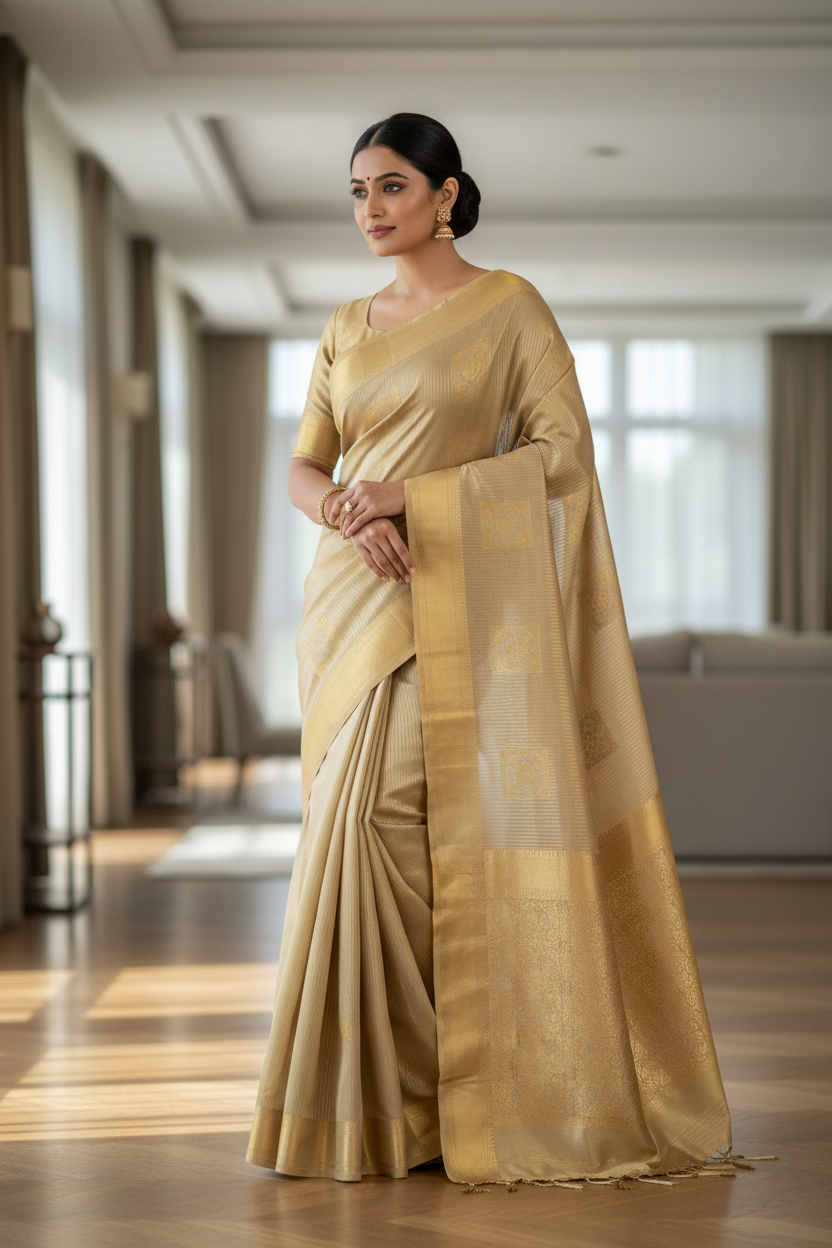 Model wearing champagne gold waterproof semi-silk saree