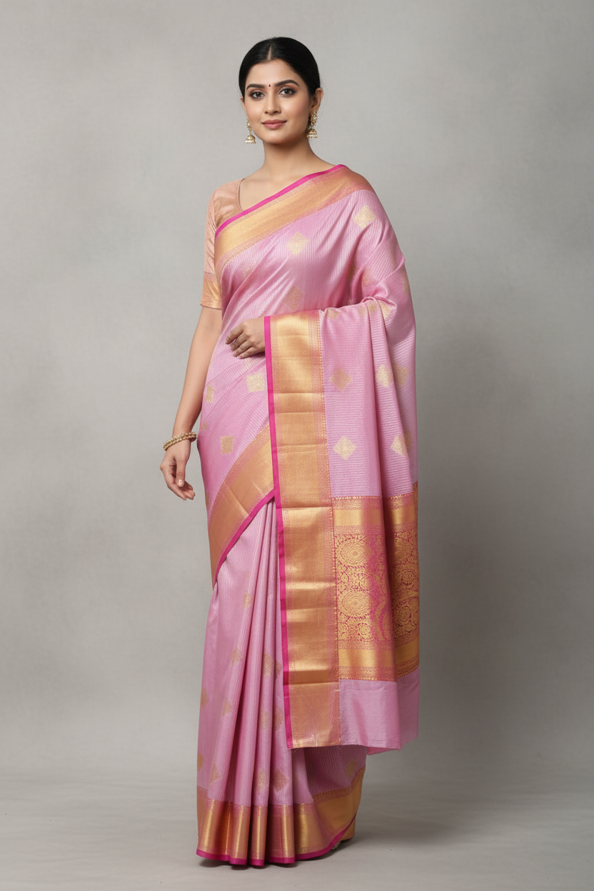 Rose Pink Golden Diamond Semi-Silk Saree - Model Shot