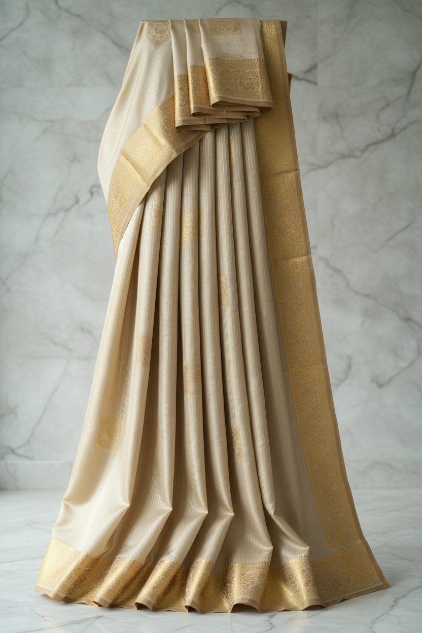 Champagne gold waterproof semi-silk saree elegant drape