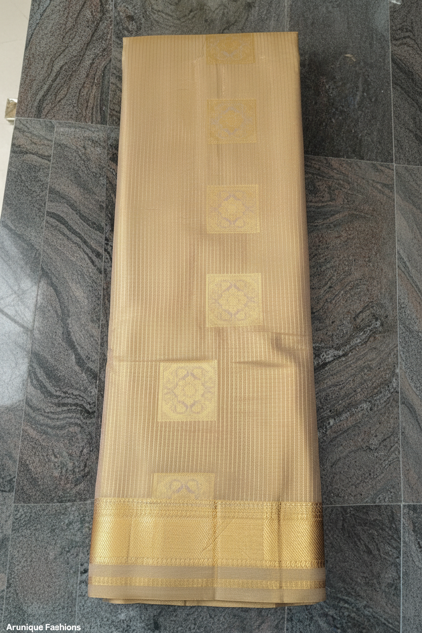 Champagne gold waterproof semi-silk saree with vertical stripes and golden zari border