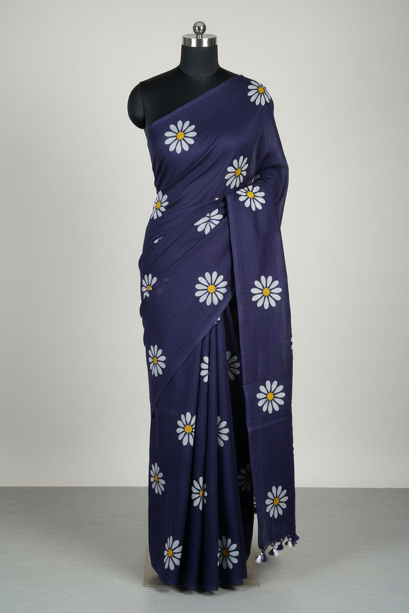 Mannequin display of indigo blue sunflower print khadi saree