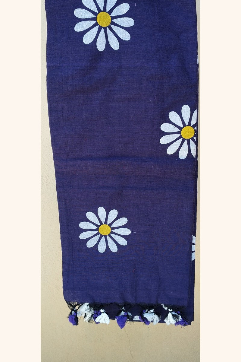 Close-up of block print texture on indigo blue sunflower khadi fabric