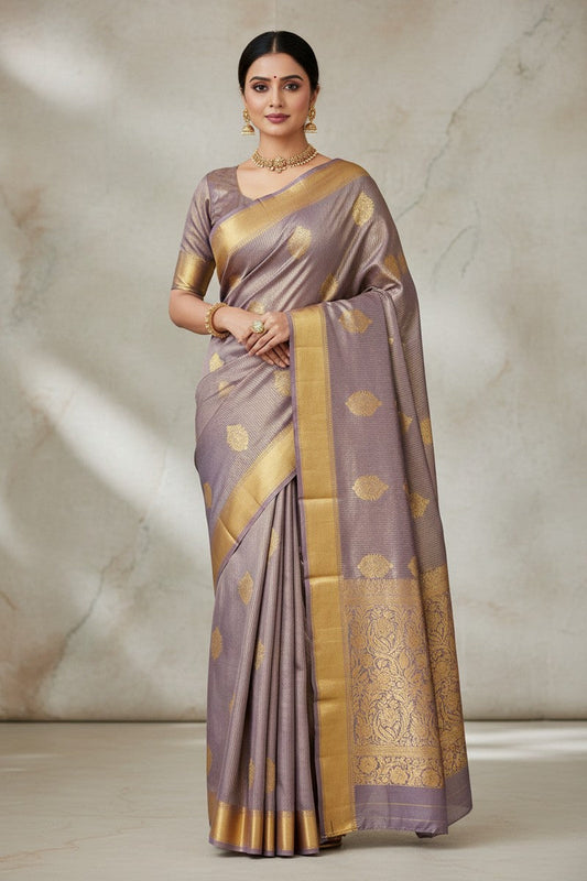 Lavender Golden Zari Semi-Silk Saree - Model Wearing Full Drape