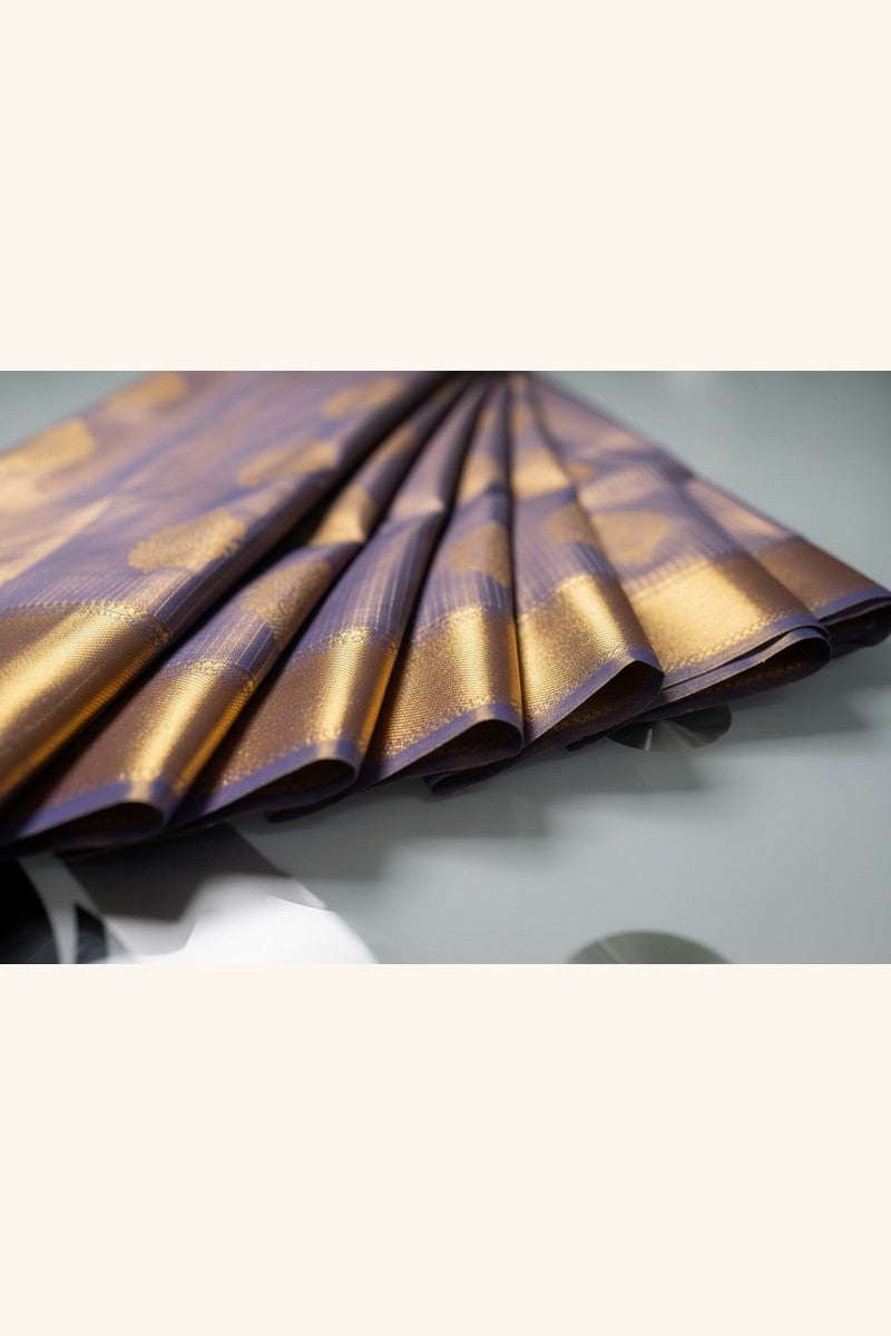 Lavender Golden Zari Semi-Silk Saree - Pleat Close-up