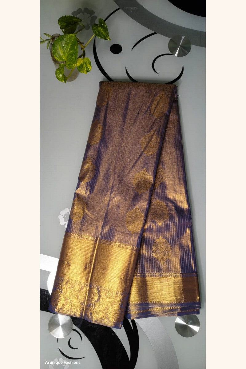 Lavender Golden Zari Semi-Silk Saree - Saree Display on Glass Table