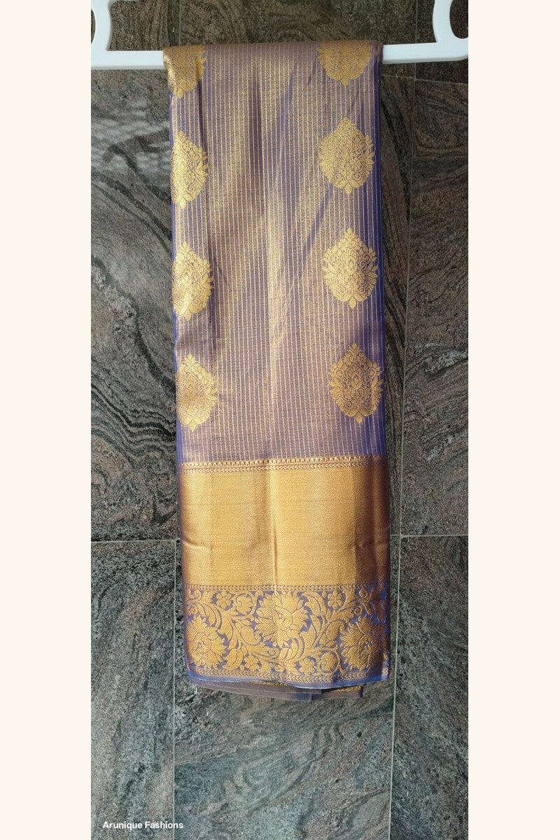 Lavender Golden Zari Semi-Silk Saree - Saree on Hanger with Wide Border Display