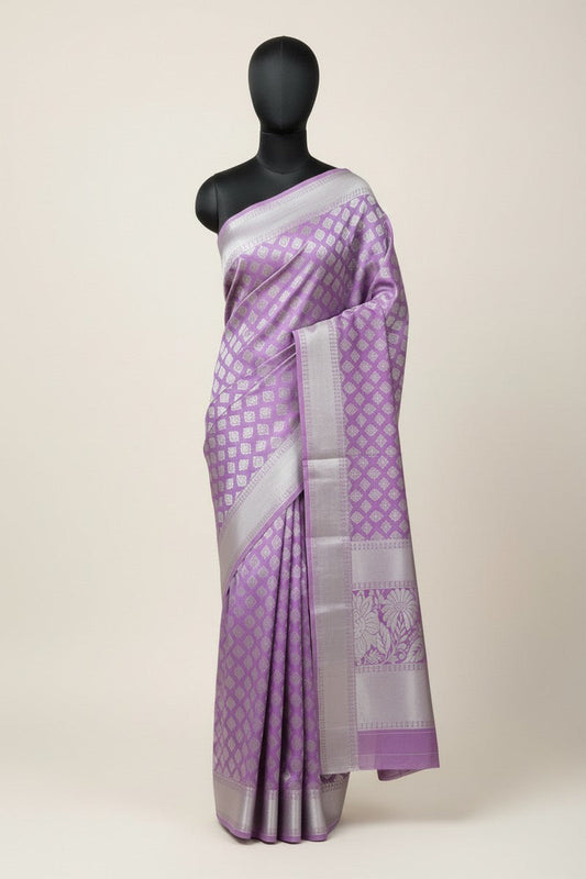Mannequin display of lavender brocade semi-silk saree