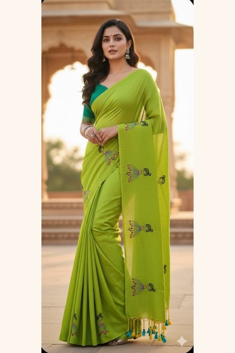 Model wearing lime green baby doll khadi saree in full drape