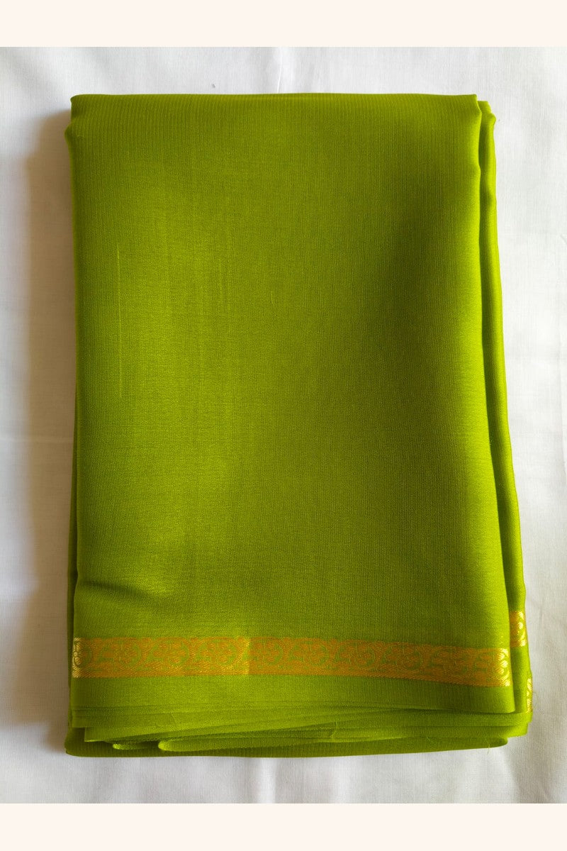 Lime green Pure Mysore Silk saree with golden half-inch floral zari border