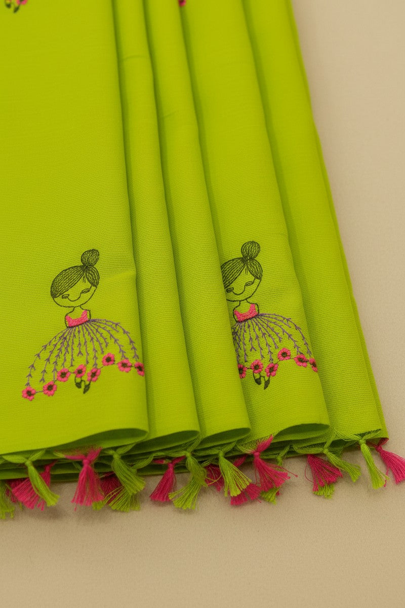 Pleats detail with tassels on lime green baby doll khadi saree