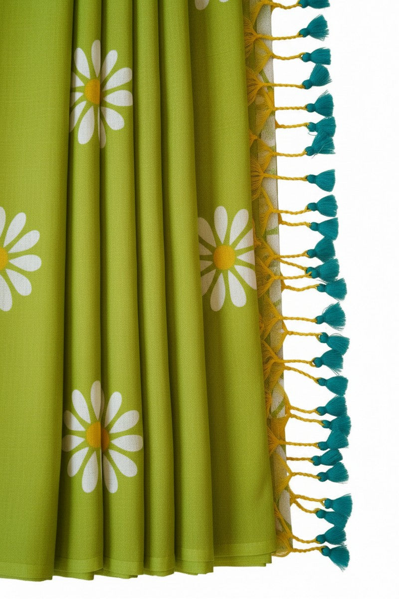 Pleats detail with yellow and teal tassels on lime green khadi saree