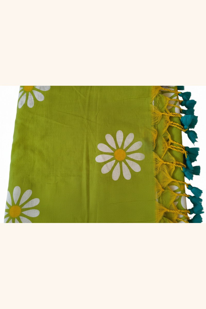 Lime green sunflower khadi saree product detail on white background