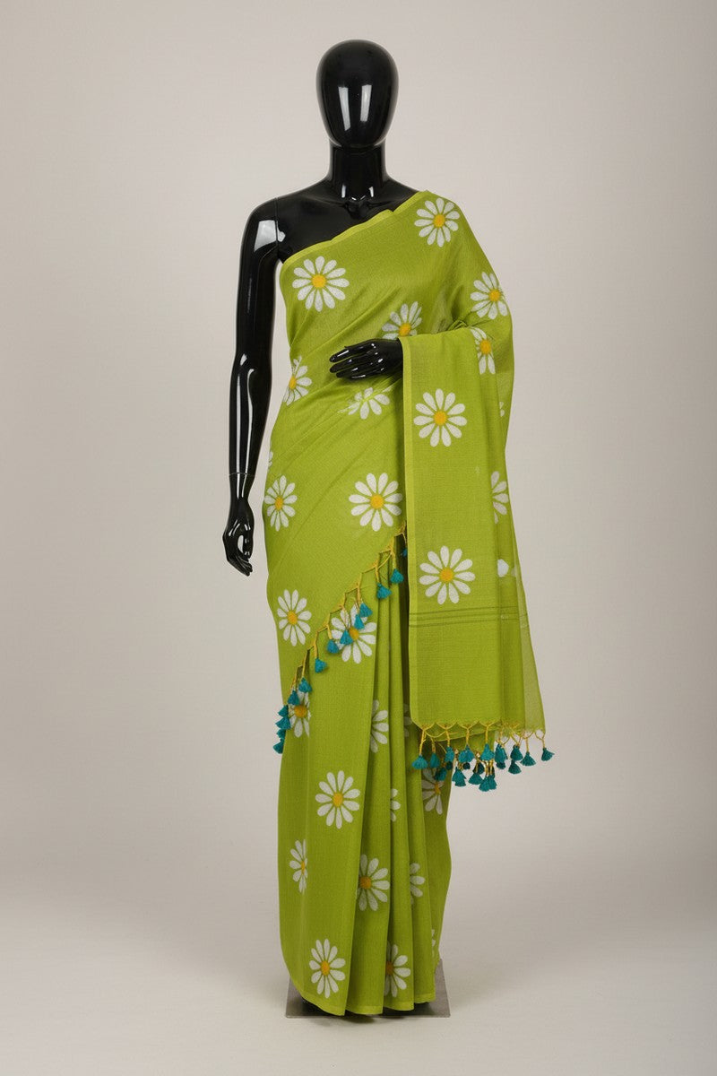 Lime green sunflower khadi saree displayed with yellow and teal tassels