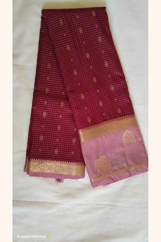 Maroon crepe silk saree body with gold zari check weave and gold butta motifs – Arunique Fashions