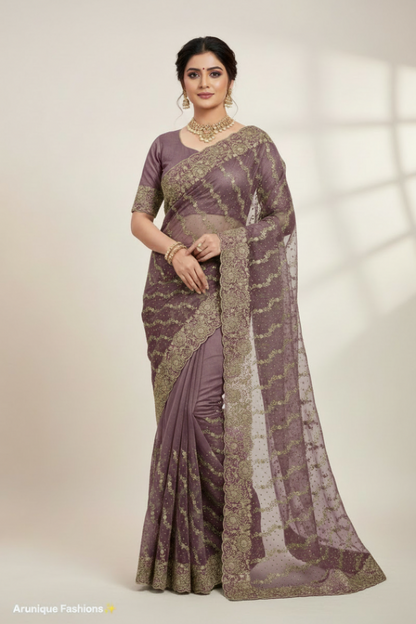 Mauve premium designer net saree on model - full body gold zari embroidery with scalloped border