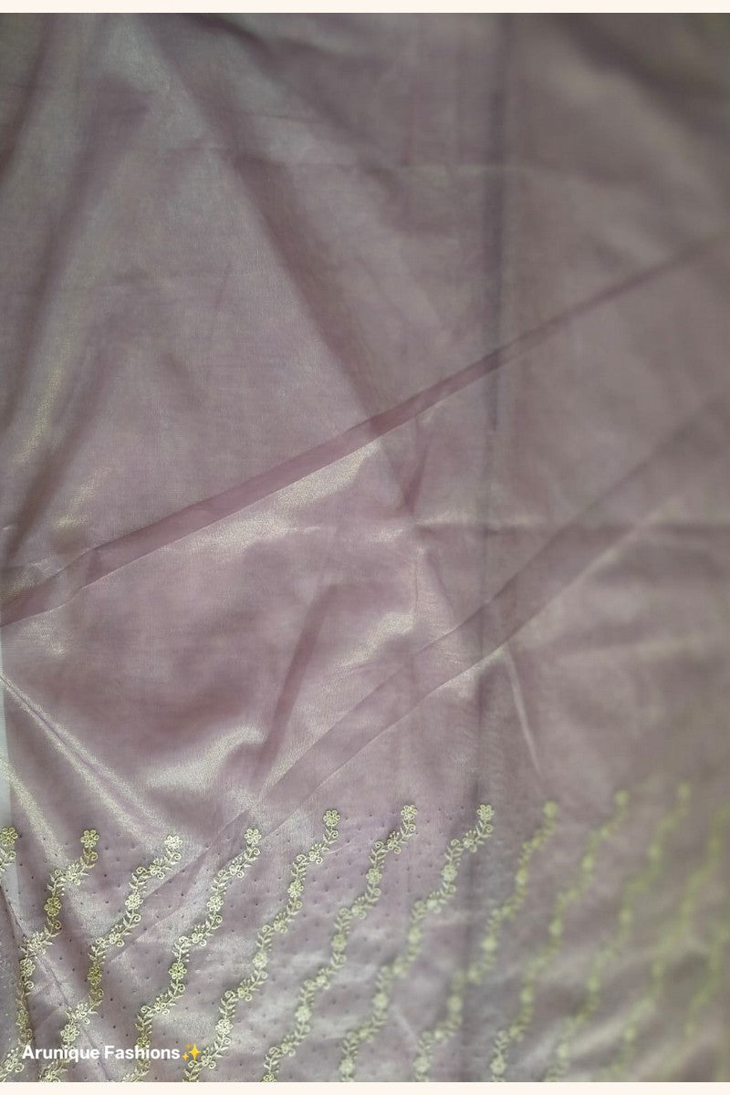 Mauve premium designer net saree - plain sheer net upper body with delicate gold zari vine embroidery at hem