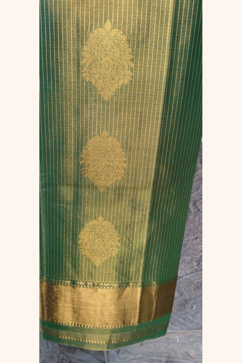 Mehndi Green Gold Striped Saree with Golden Zari Butta & Wide Border - Body Close-up