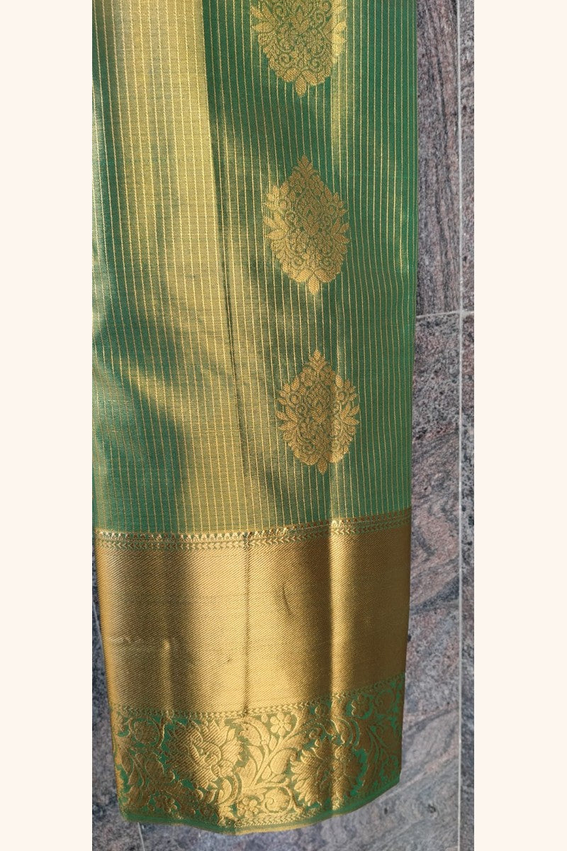 Mehndi Green Gold Striped Saree with Golden Zari Butta & Wide Border - Body Detail