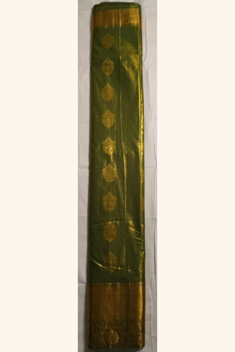 Mehndi Green Gold Striped Saree with Golden Zari Butta & Wide Border - Body View