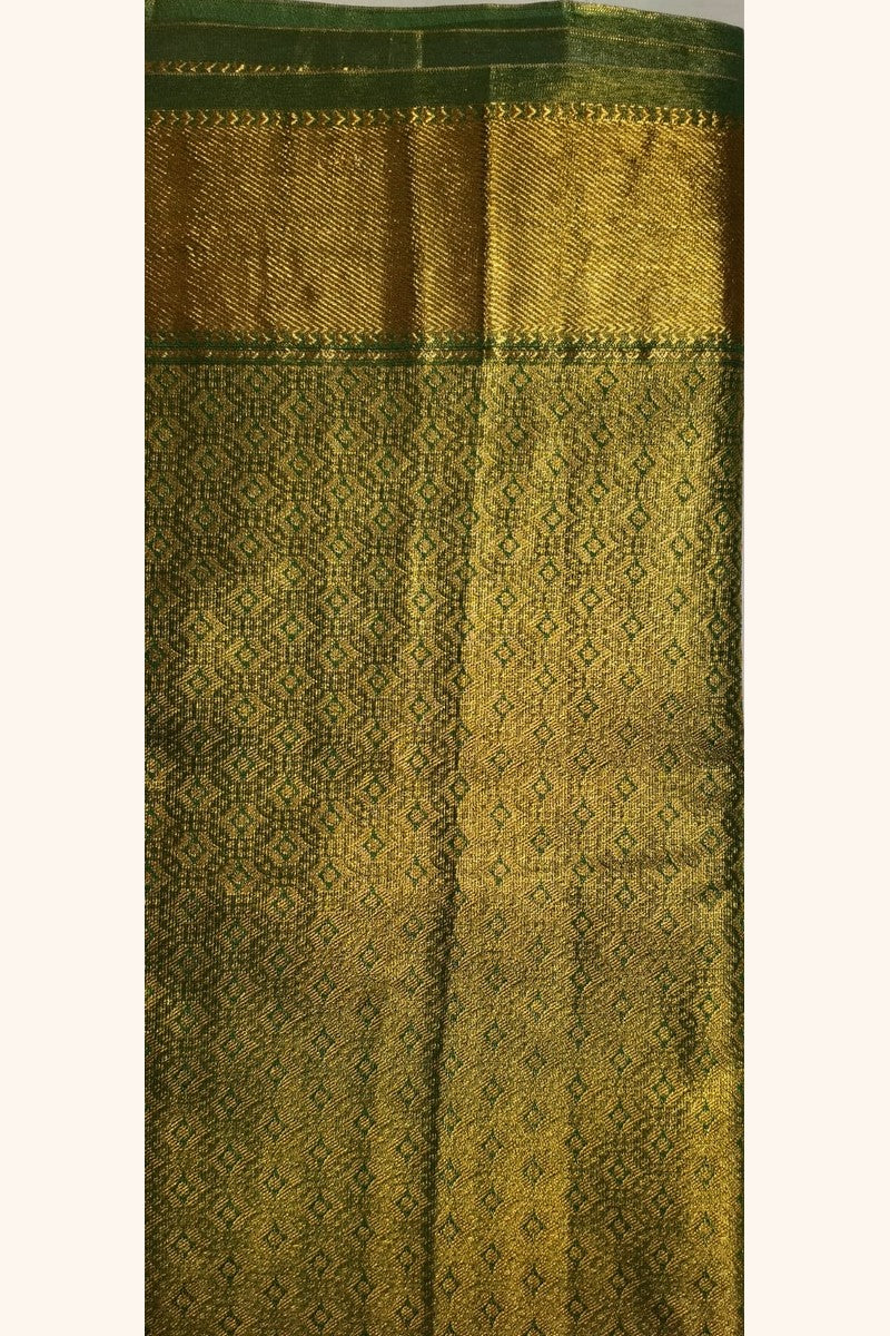 Mehndi Green Gold Striped Saree with Golden Zari Butta & Wide Border - Pallu Close-up
