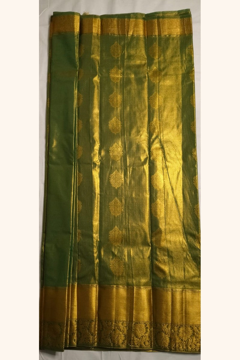 Mehndi Green Gold Striped Saree with Golden Zari Butta & Wide Border - Pallu Detail