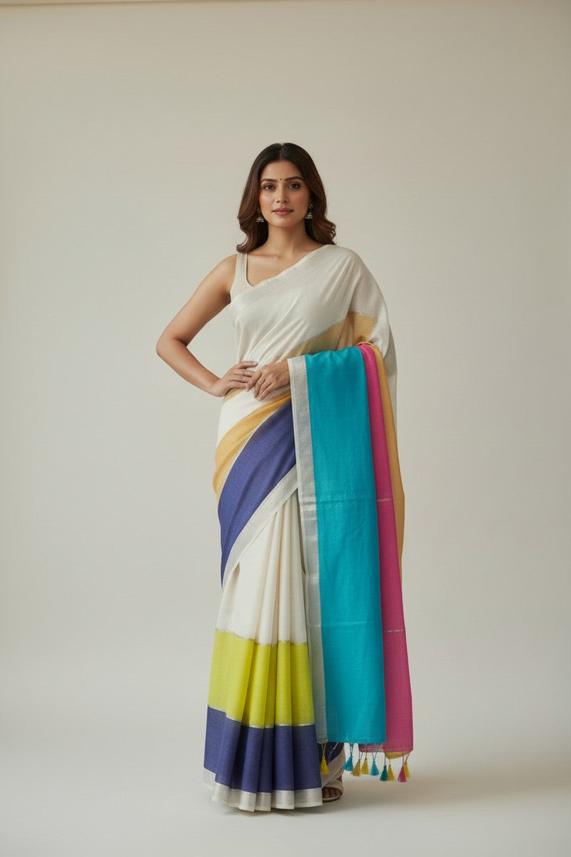 Multicolor Mul Cotton Saree with Thin Silver Zari - Model in Different Pose
