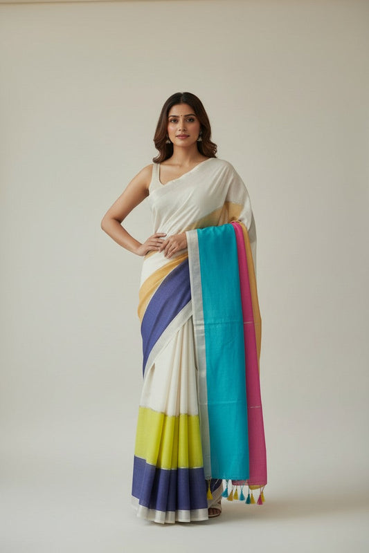 Multicolor Mul Cotton Saree with Thin Silver Zari - Model in Different Pose