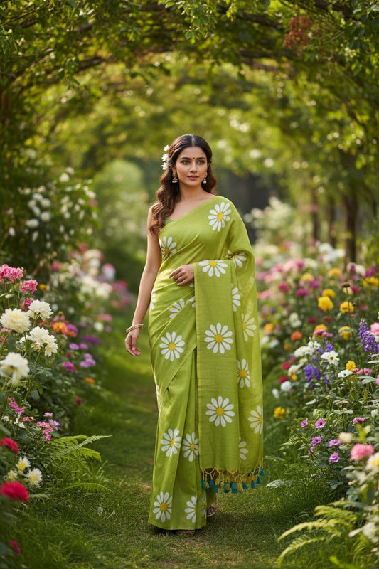 Lime green sunflower print khadi cotton saree with traditional block print