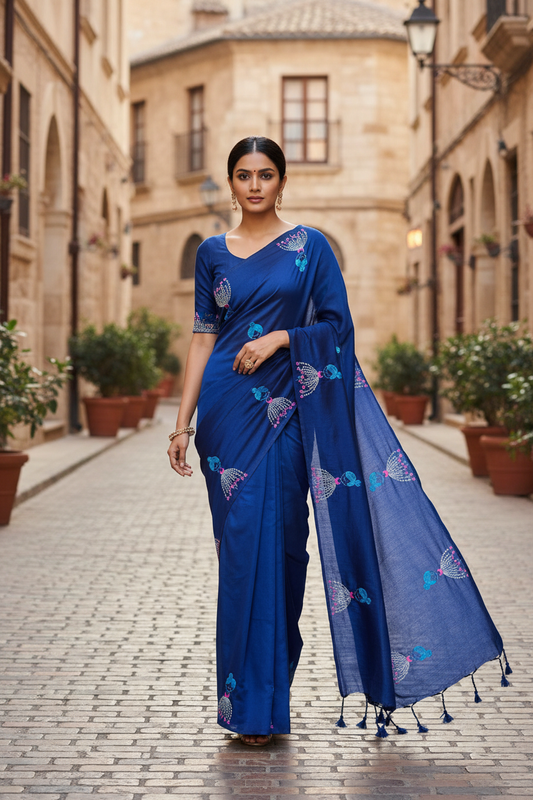 Model in royal blue baby doll motif saree walking down street
