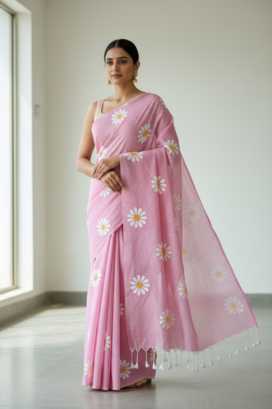 Blush Pink Sunflower Print Khadi Cotton Saree - Model Wearing Baby Pink Design