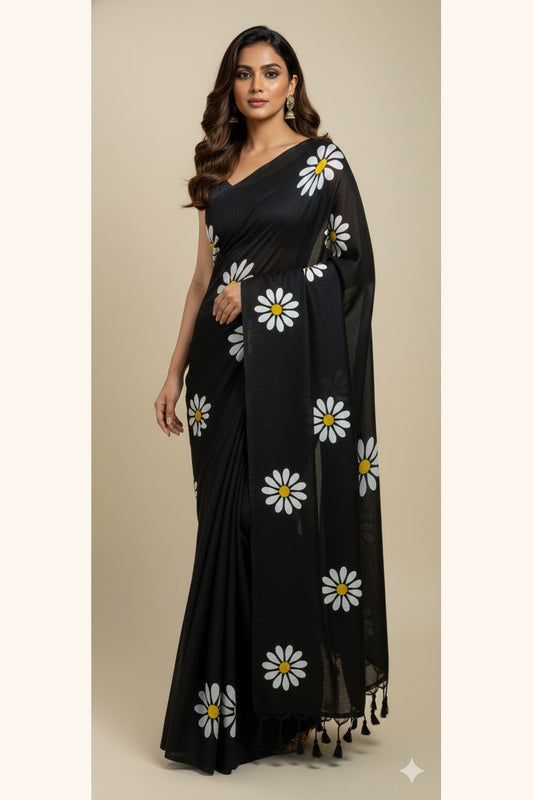Model wearing black sunflower print khadi saree borderless design