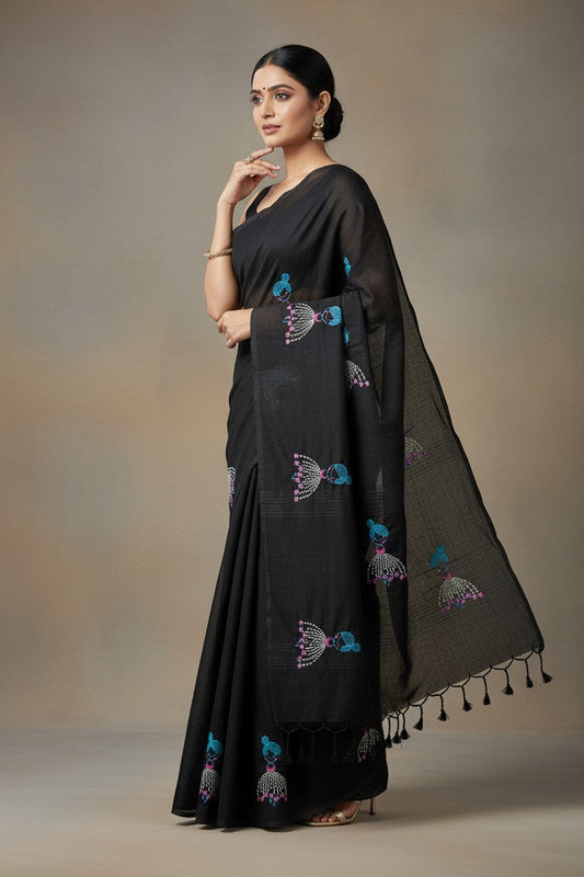 Model wearing black baby doll khadi saree detailed motif design