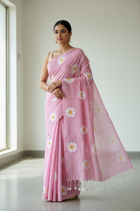 Model wearing blush pink sunflower print khadi saree
