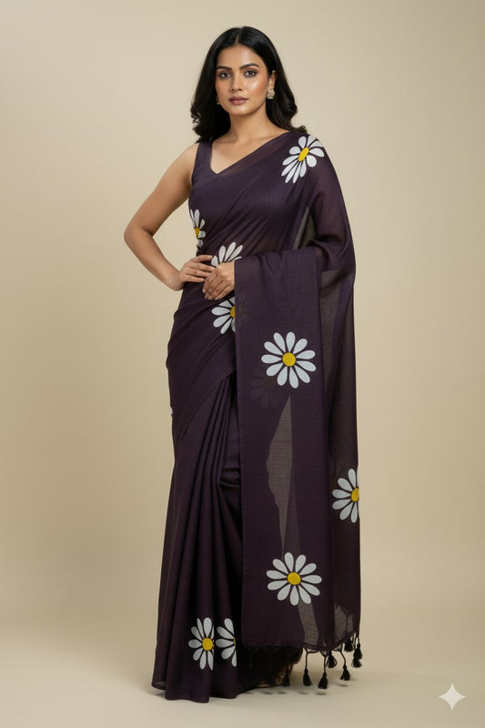 Alternate pose model shot of burgundy sunflower khadi saree