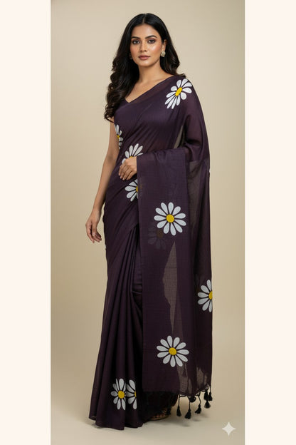 Model wearing burgundy sunflower print khadi saree in elegant drape
