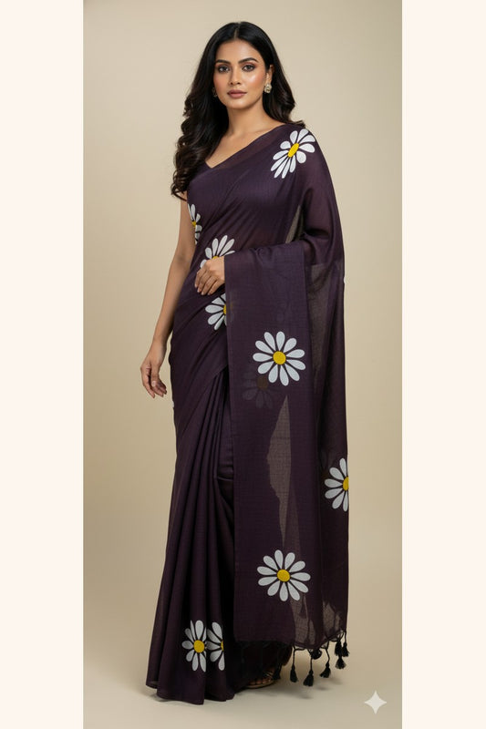 Model wearing burgundy sunflower print khadi saree in elegant drape