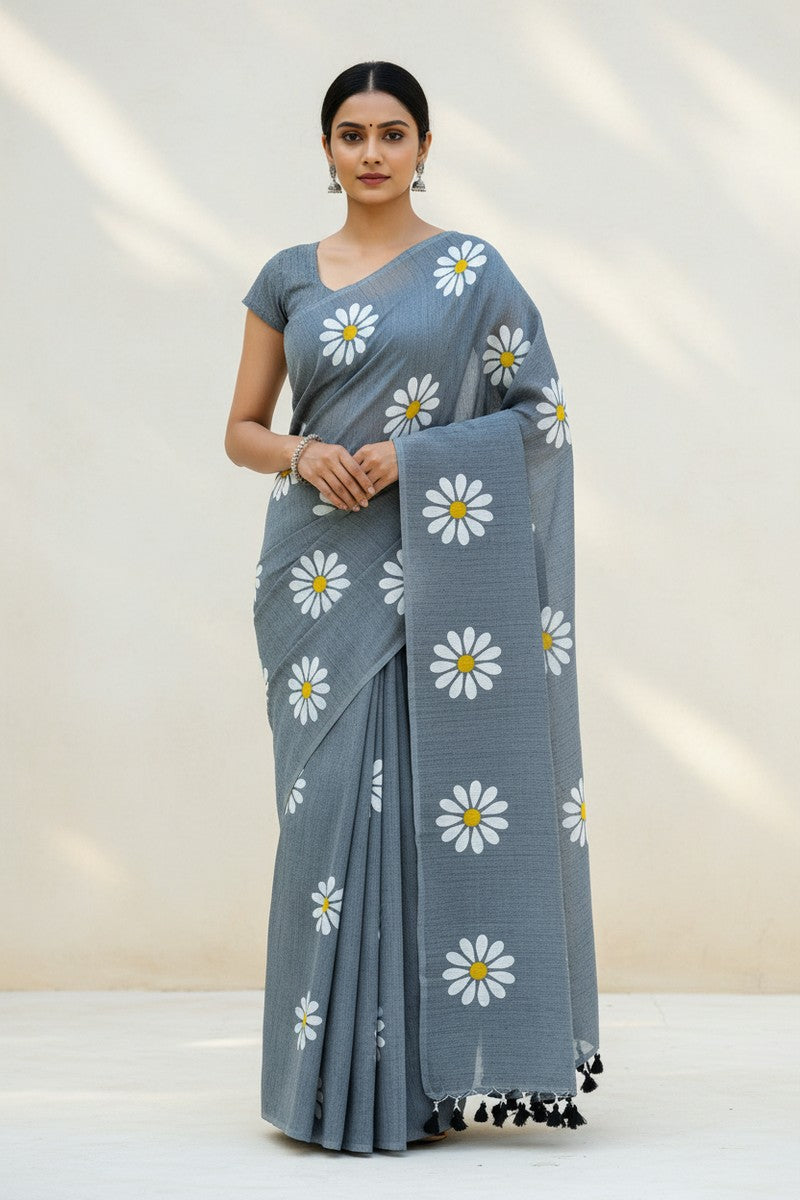 Model wearing grey sunflower khadi saree borderless design